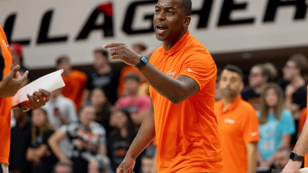 Oklahoma State head coach Mike Boynton reacts during a timeout during the second half of an NCAA men s college basketball game Monday, Nov. 6, 2023., in Stillwater, Okla. (Mitch Alcala for the Oklahoman)